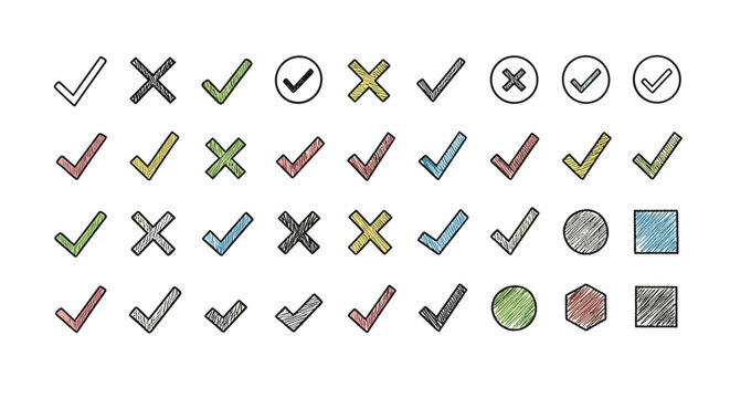 Comprehensive collection of hand drawn check marks and cross symbols in various colors and sketch styles for selection and marking.