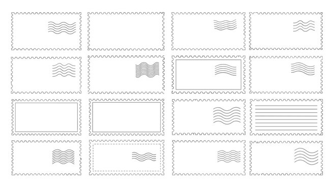 Collection of sixteen blank postage stamp frames with realistic wavy postmark lines for mail and vintage themed designs.