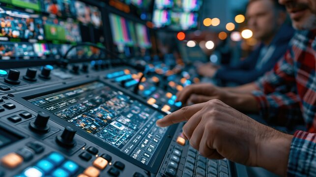 Natural dusk lighting highlights a broadcast engineer and assistant coordinating gameangle shots on a touchscreen console inside a compact production van with outoffocus monitors