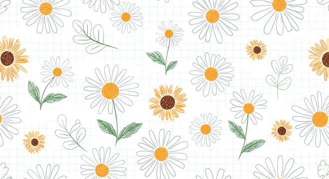Seamless floral pattern featuring hand-drawn white daisies and yellow sunflowers with green leaves on a white grid paper background.