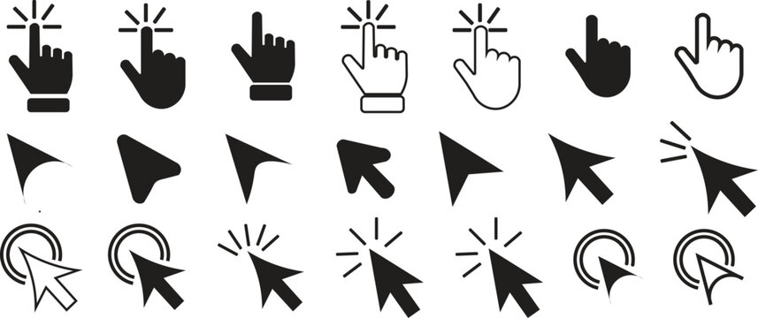 Hand Cursor and Mouse Click Icon Set With Tap Gesture, Arrow Pointer, Click Ring and Selection Symbols for Web UI, Mobile App Navigation and Digital Interaction Design
