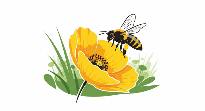 A bee pollinates a vibrant yellow flower amidst green foliage