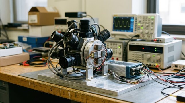 Medium shot of a hybrid opticalinertial navigation prototype secured on a lab bench showcasing advanced camera arrays and inertial measurement units in a controlled environment.