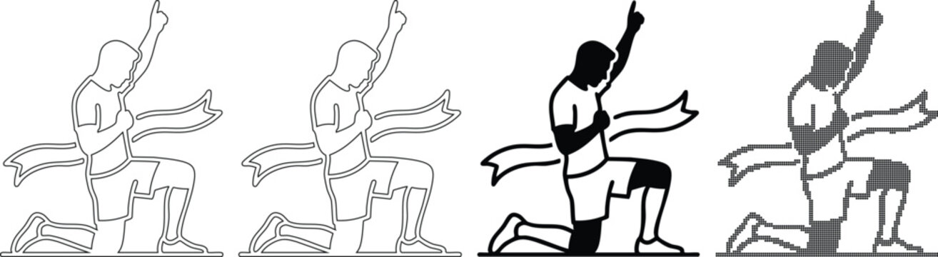 Athlete kneeling and pointing finger celebrating success victory pose illustration on transparent background for graphics.