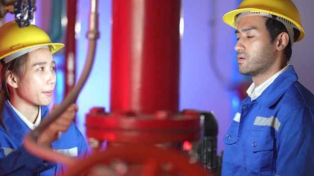 Two mechanical site engineers in blue uniforms and hardhats discussing utility maintenance protocols while standing near pipeline infrastructure inside a facility pump room.