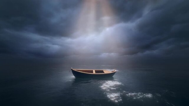 Lone rowboat under a storm-filled sky with a beam of light shining down upon it