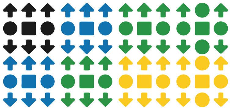 Diverse set of geometric navigation symbols featuring arrow and circle shapes in four vivid colors.