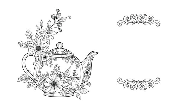 Detailed line art of a teapot decorated with various flowers and leaves accompanied by ornate scroll borders for a tea party invitation.