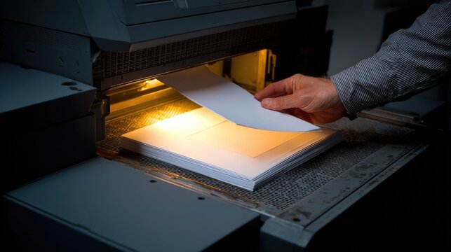 Hand feeding paper stack into industrial cutting machine