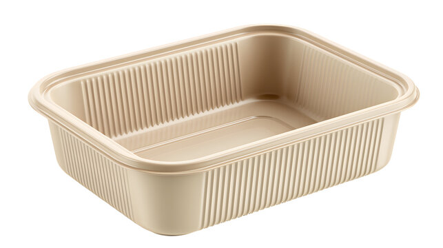 Ultra realistic empty beige rectangular disposable food container with ribbed texture and realistic packaging details, isolated on white background