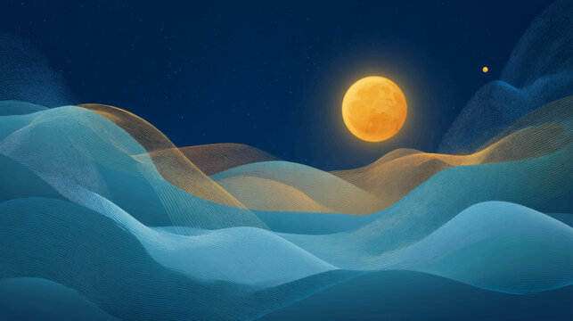 Golden full moon over flowing blue waves in elegant line art vector night landscape background.