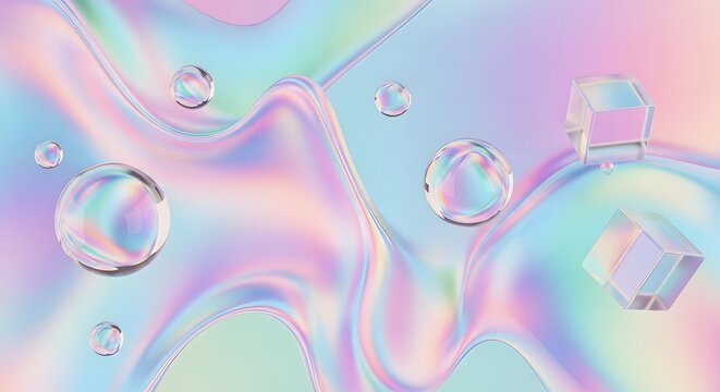 Iridescent fluid shapes with transparent cubes abstract digital background