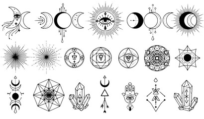 Magic moon tattoo vector set with sacred geometry and mystical hand drawn symbols © Mst.Razia