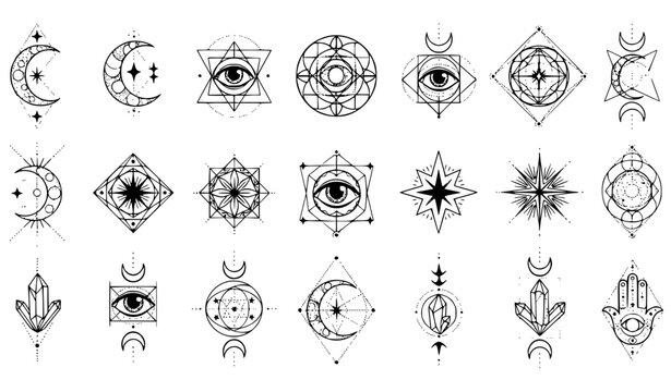 Mystical moon tattoo hand drawn vector set with sacred geometry occult illustrations