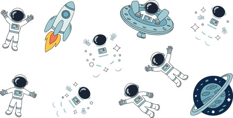 Cute Cartoon Astronaut Space Elements Vector Set Featuring Floating Spacemen Rocket Ship UFO Flying Saucer and Ringed Planet for Kids Sci-Fi Designs © Sanjida Creative
