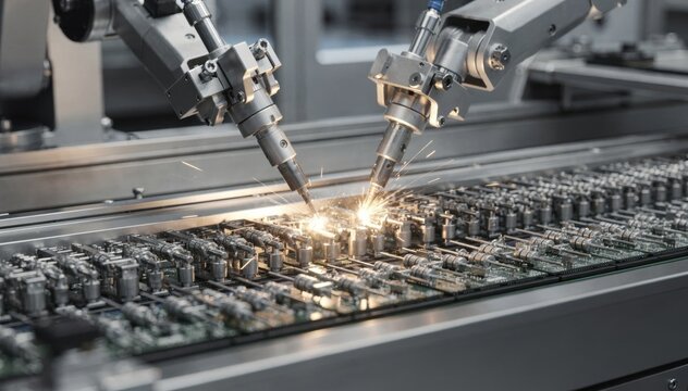Medium shot capturing robotic welding tools affixing leads to resistor end caps in an automated assembly line emphasizing efficiency in electronics production.