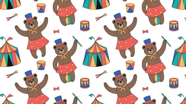 Cute Cartoon Circus Bear Seamless Pattern Vector Design Featuring Performing Animals with Top Hats Tents and Drums for Kids Fabric Wallpaper