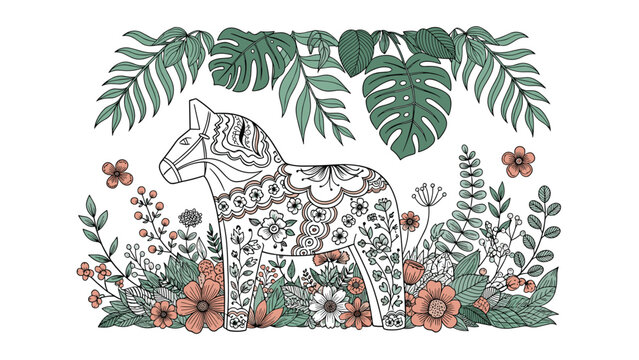 Artistic illustration of a traditional dala horse decorated with floral patterns and surrounded by lush leaves.