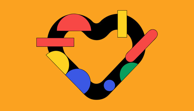 Abstract heart shape with geometric shapes and circles geometric abstract minimalist illustration decoration background collection creative childlike composition triangle semicircle