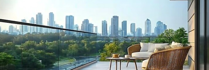 Obraz premium Balcony with chairs and table providing view of park and city skyscrapers during day.