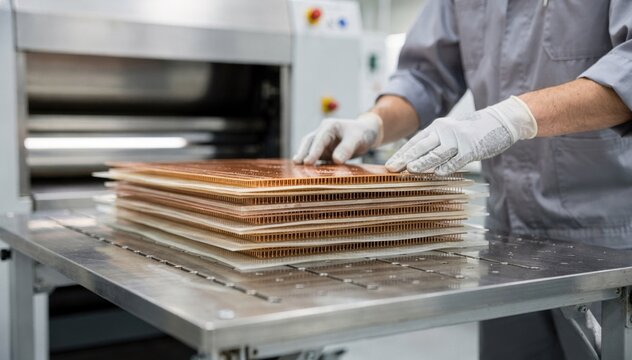Medium shot of a technician aligning multiple rigid PCB cores layered with prepreg sheets ready for the lamination press to bond components under precise heat and pressure.