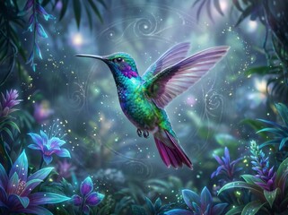 Obraz premium A vibrant hummingbird with iridescent feathers hovers gracefully among glowing purple flowers in a magical, enchanted forest.