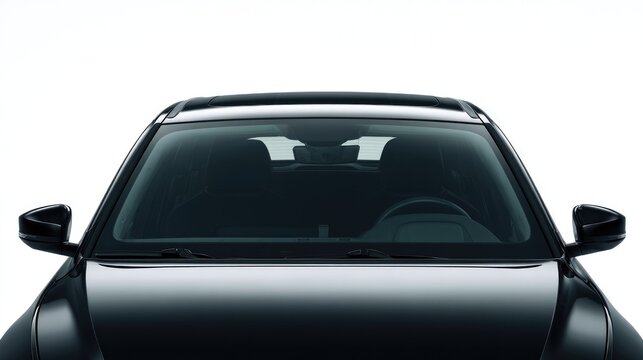 Front view of a sleek, dark car's windshield and rooftop
