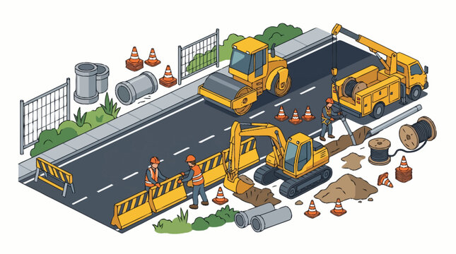 Road construction site with heavy machinery and workers.