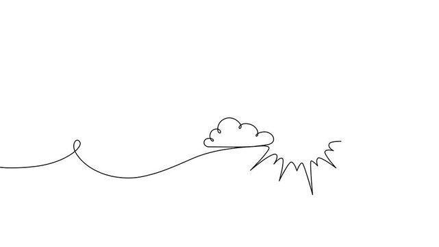 Continuous one line cloud sun art sky weather illustration outline. Sun cloud solar summer doodle graphic sketch energy linear stroke single vector icon sunny abstract park nature black ecosystem