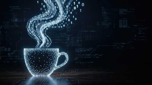 Digital representation of a coffee cup with steam made of binary code against a dark background featuring abstract data patterns and technology elements