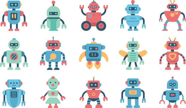 Cute Cartoon Toy Robots Vector Character Set Featuring Colorful Friendly Androids and Electronic Mechanical Cyborgs for Children Technology Graphic Designs