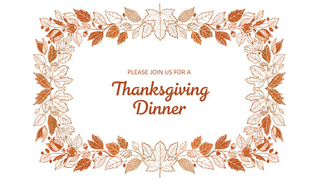 Elegant thanksgiving dinner invitation with vintage hand drawn frame of autumn leaves, acorns, and hops in warm orange tones.