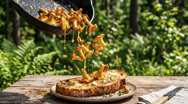 Chanterelle mushrooms falling from skillet onto toasted bread in sunny forest