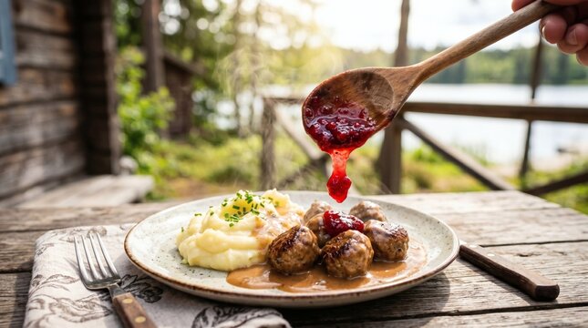Spoon pouring lingonberry jam onto Swedish meatballs and mashed potatoes outdoors