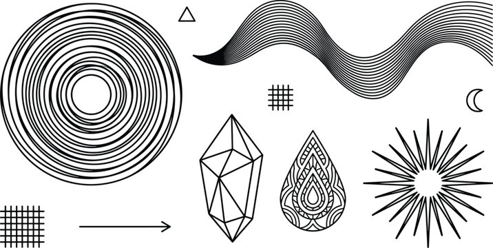Abstract geometric line art elements set with concentric circle wave crystal mandala drop and sunburst vector illustration
