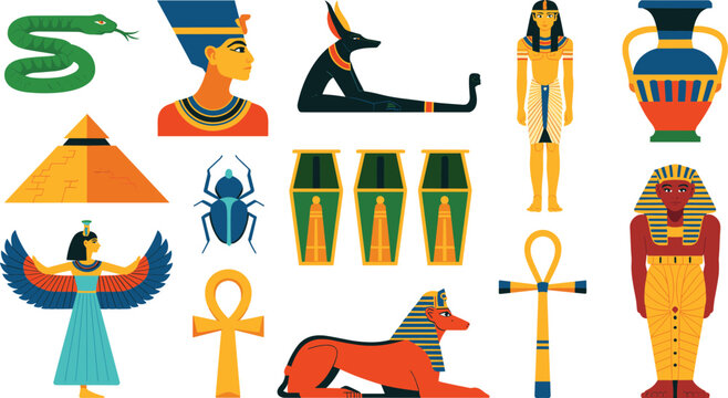 Ancient Egyptian Culture and Mythology Vector Element Set Featuring Nefertiti Sphinx Pyramid Anubis Isis Pharaonic Statues Canopic Jars and Symbols