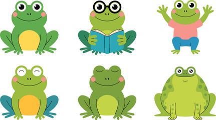 Obraz premium Cute Cartoon Frog Activity Vector Character Set Featuring Toads Reading Book Wearing Glasses and Pink Shirt for Children School Graphic Designs