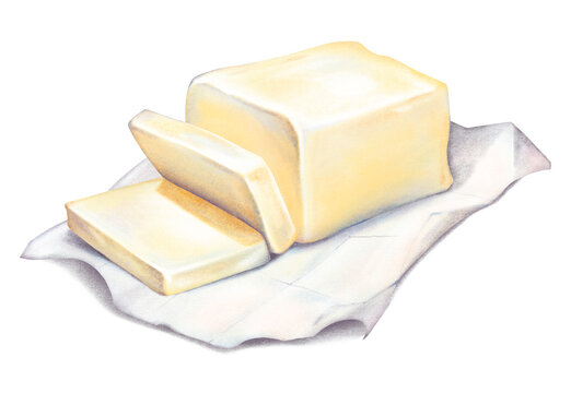Watercolor hand drawn fresh butter block and cut slices on white wrapping paper isolated on white background. Creamy yellow stick of butter with cut pieces. Food and cooking, dairy products