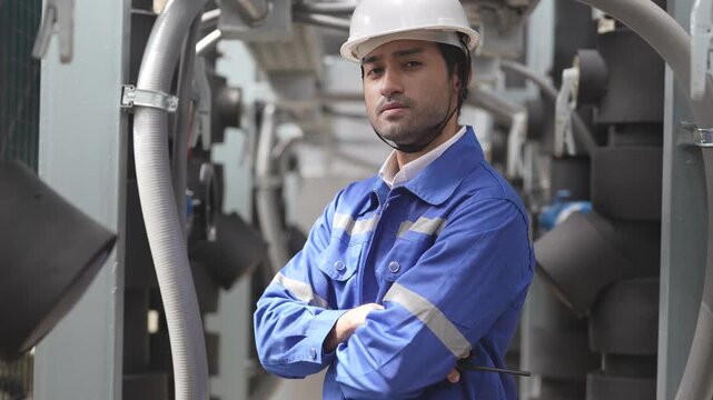 A focused site engineer wearing a hardhat and uniform while using a handheld walkie-talkie to coordinate mechanical system testing inside an industrial building room.
