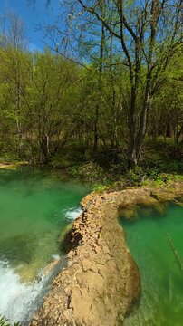 Lush forest surrounds emerald pool. Bigar Waterfall, Serbia. Vertical
