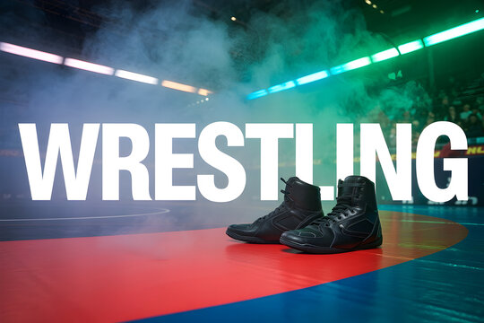 Pair of black wrestling shoes on mat with smoky background and bright lights ready for match.
