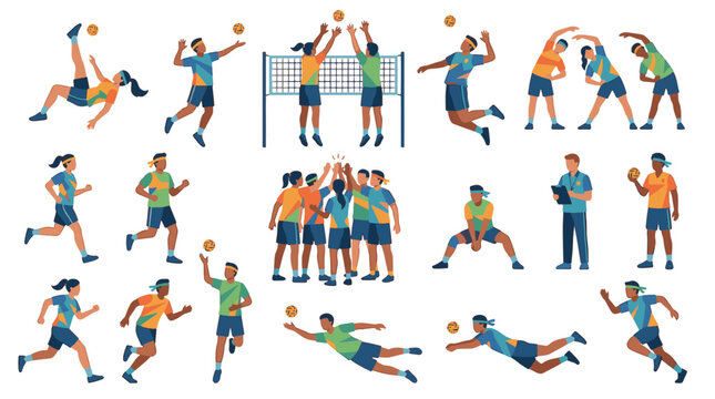 Flat vector illustration set of 30 different sepak takraw players in various action poses, including overhead kicks, blocks, and serves with a rattan ball on a white background.