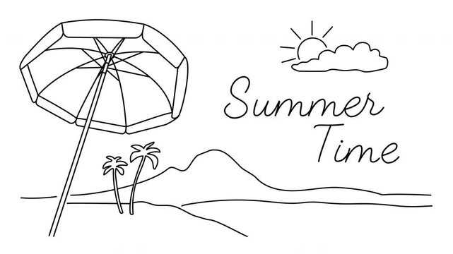 summer time sea beach umbrella palm trees sun line animation video footage 