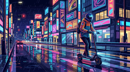 Fototapeta premium Synthwave vector art of commuter riding motorized scooter in rain