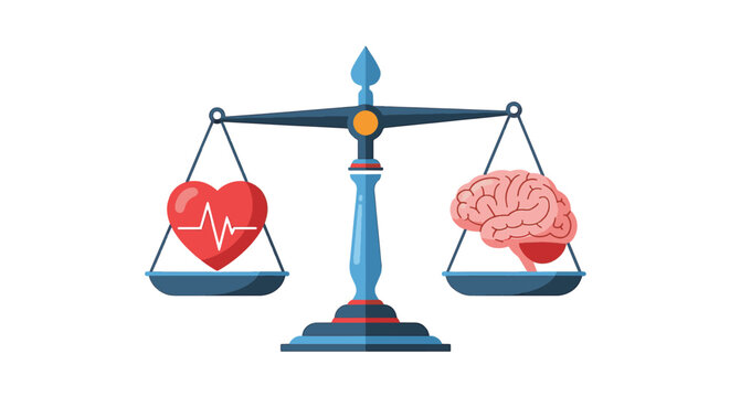 Conceptual vector art of a brass scale of justice balancing a red heart and a grey human brain, symbolizing the harmony or struggle between feelings and rational thinking.
