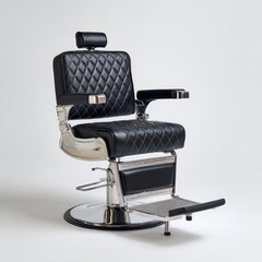 Fototapeta premium A plush black barber chair with diamond stitching and polished chrome details
