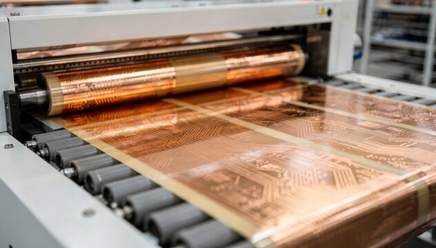 Medium shot of sheetfed flexible circuit lamination process highlighting individual polymer sheets being coated with copper traces for electronics assembly.