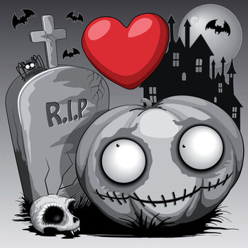Halloween Spooky and funny Love Story between Jack o' Lantern and a Tombstone, with bats and castle on background vector EPS
