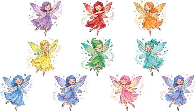 Cute Magical Fairy Girls Cartoon Vector Set Featuring Colorful Pixie Characters with Wings Flying and Dancing in Hand Drawn Watercolor Art Style
