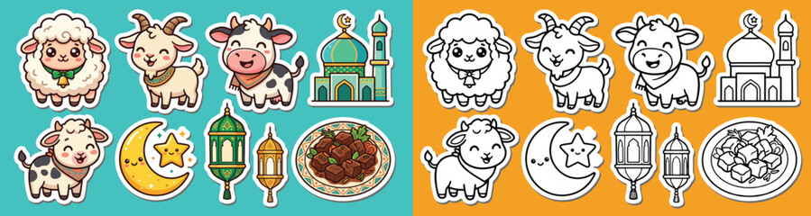 Cute Eid al-Adha Qurban Cartoon Sticker Set, Color and Outline Vector Animals, Mosque, and Lanterns © Endless Summer